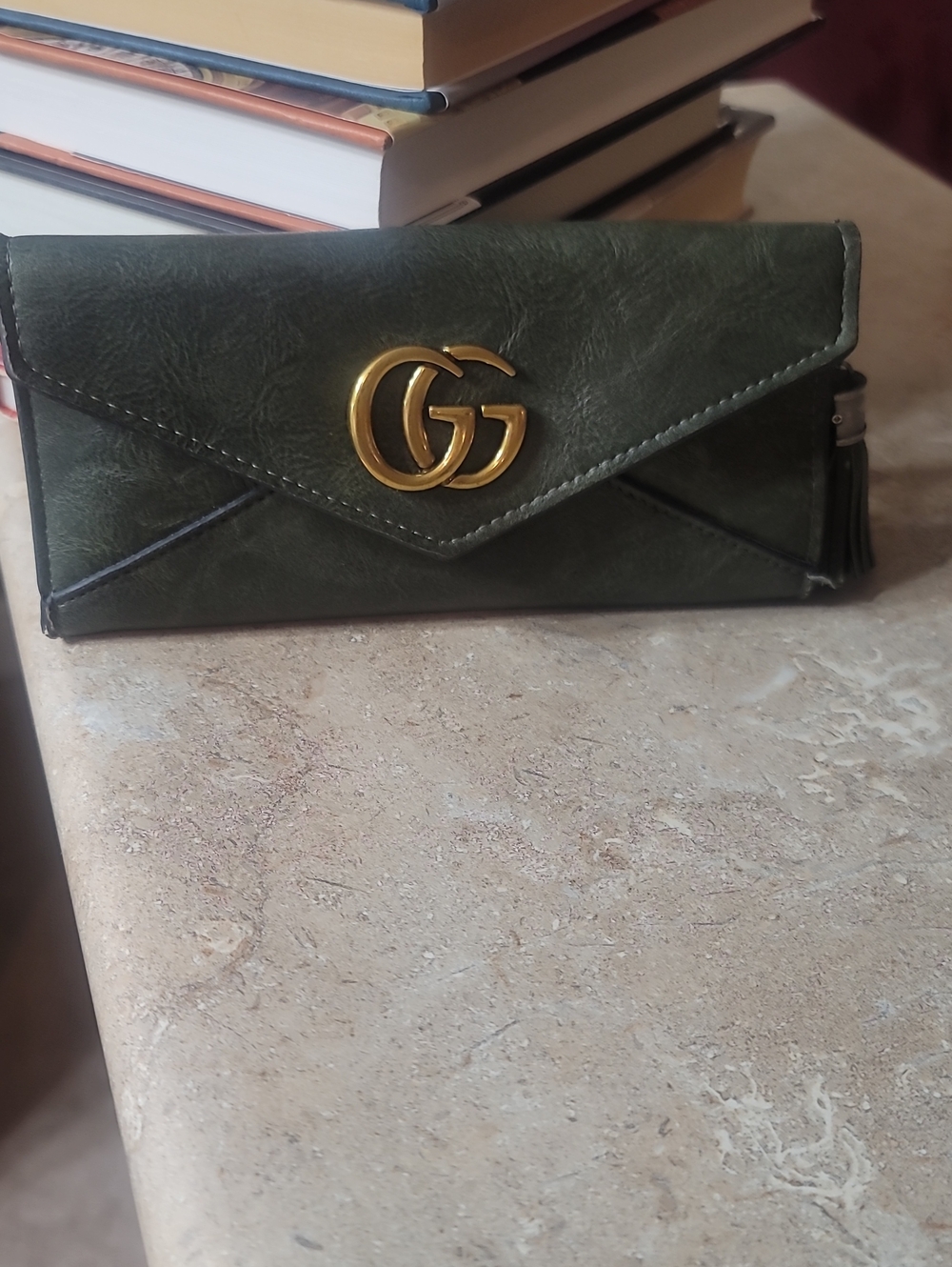 Green Envelope Wallet with Gold Hardware - Designer Style